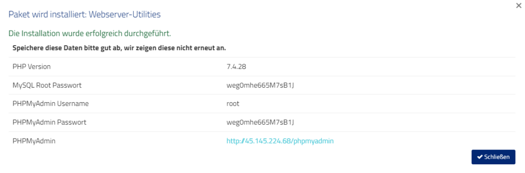 Webserver Utilities wurden installiert Webserver Utilities wurden installiert
