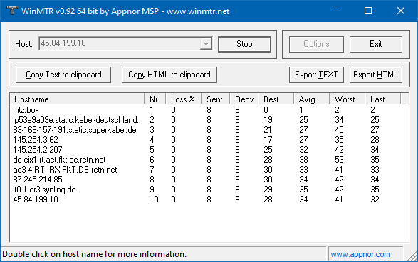 WinMTR führt seine Arbeit durch WinMTR führt seine Arbeit durch
