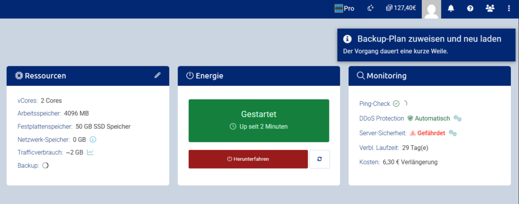 Backup-Funktion wird innerhalb weniger Sekunden aktiviert, der Cloud Manager neu geladen