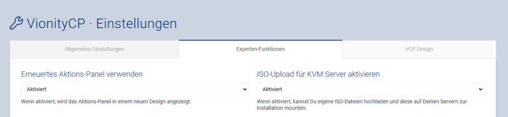 VionityCP Experten Einstellungen: ISO Upload aktiviert VionityCP Experten Einstellungen: ISO Upload aktiviert