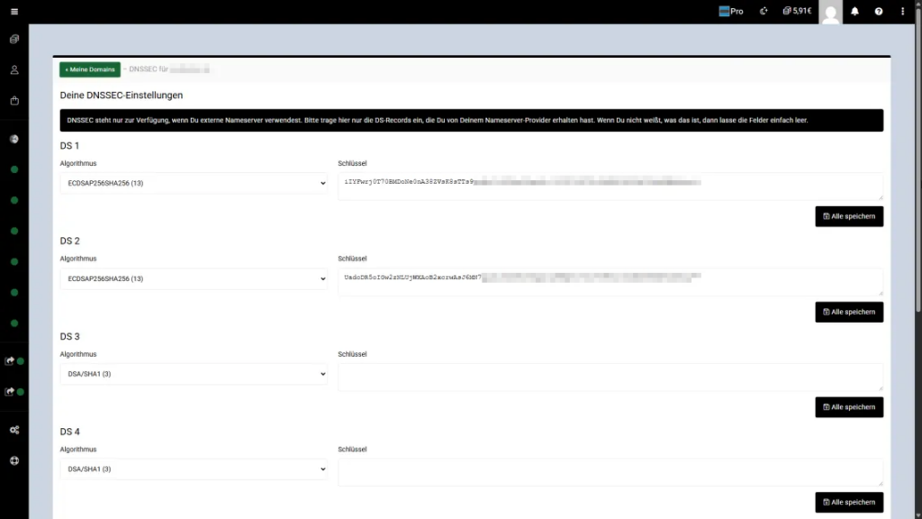 DNSSEC-Verwaltung einer Domain mit eigenen Nameservern im Webinterface