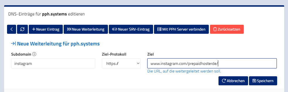 Neue Weiterleitung anlegen Neue Weiterleitung anlegen