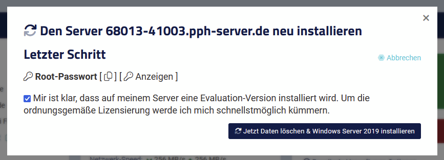 Bestätigung der Neuinstallation mit Windows Server 2019