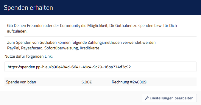 Donation details in the web interface