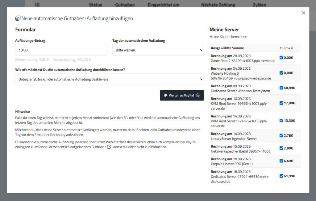 PayPal Subscription settings window PayPal Subscription settings window