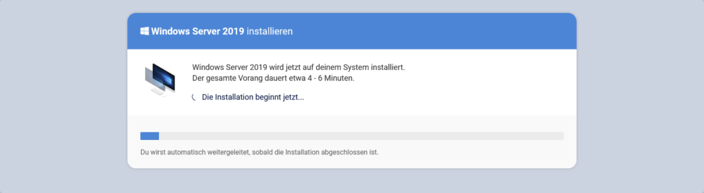 Fortschrittsanzeige der Windows-Installation im Cloud Manager