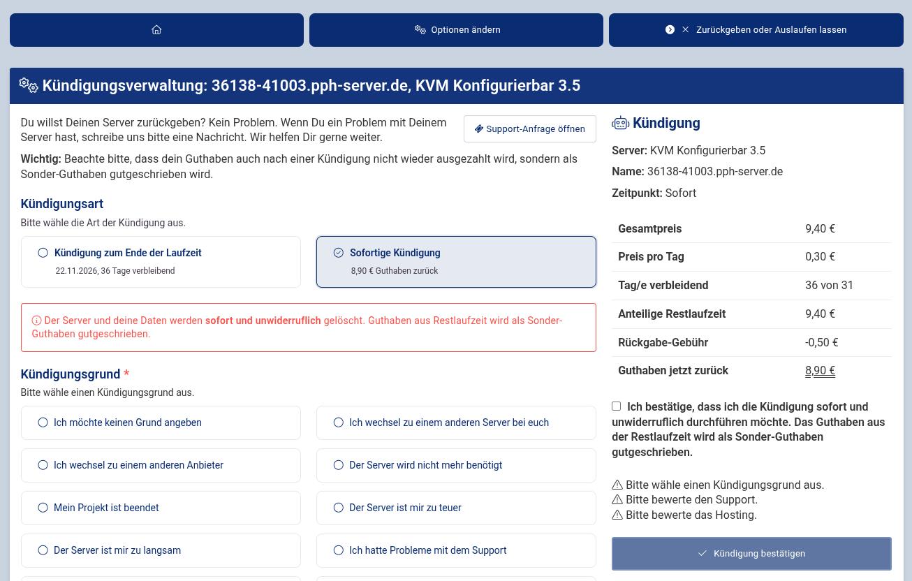Kündigungsverwaltung im Webinterface mit Kündigungsart und Berechnung des Restguthabens