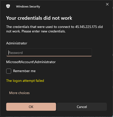 Remote Desktop – Falsche Login Daten Remote Desktop – Falsche Login Daten