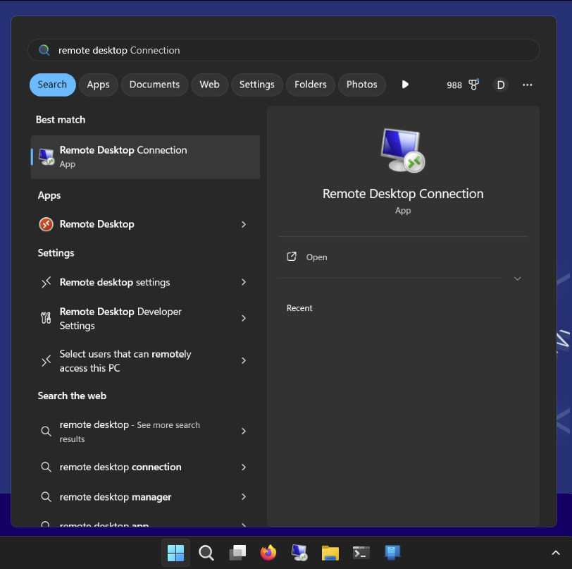 Suche nach Remote Desktop im Windows-Startmenü