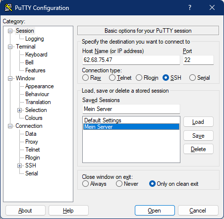 Putty Einstellungen