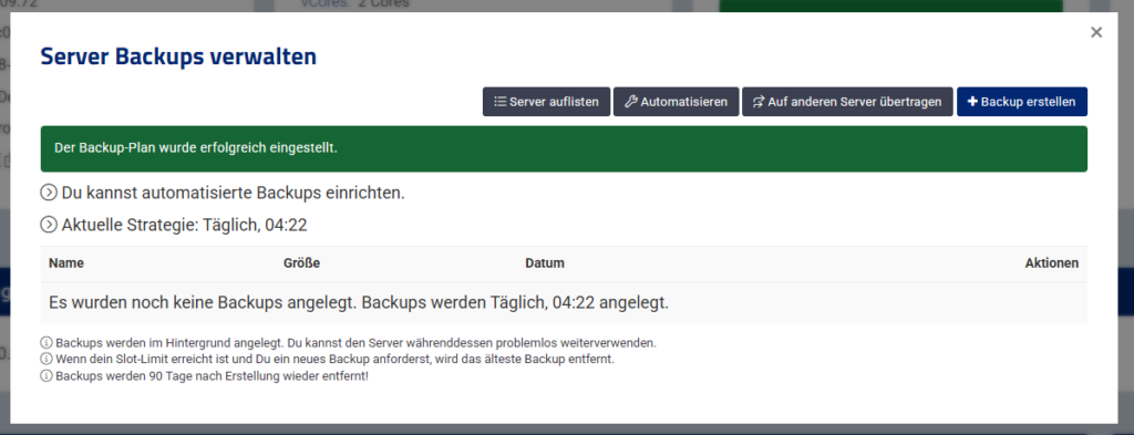 Backup-Plan wurde angelegt