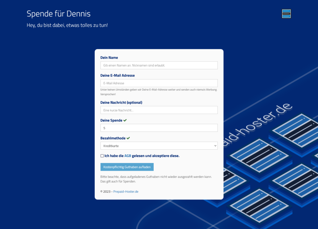 A donation page by Prepaid-Hoster.de