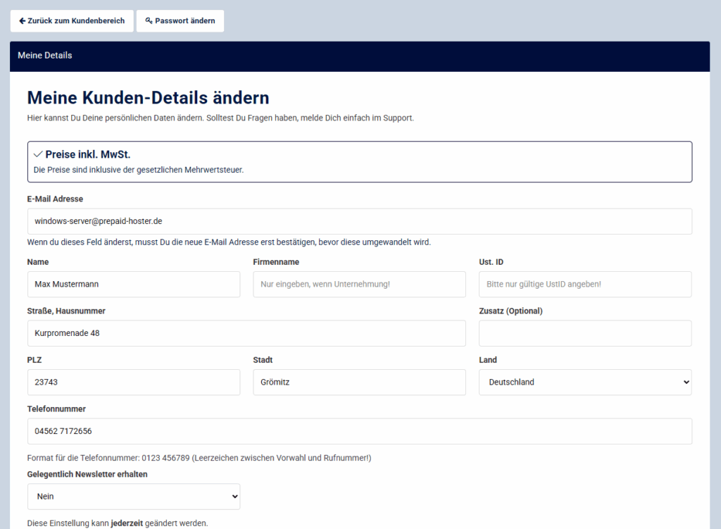 Formular zum Bearbeiten der Kundendaten in Vionity