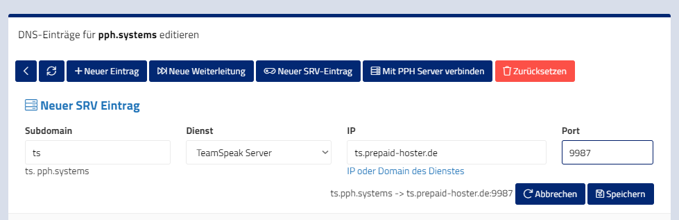 TeamSpeak SRV Eintrag erstellen TeamSpeak SRV Eintrag erstellen