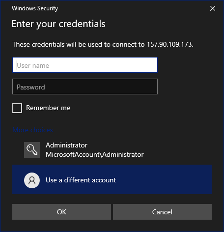 Eingabe von Benutzername und Passwort für die Remote-Desktop-Sitzung