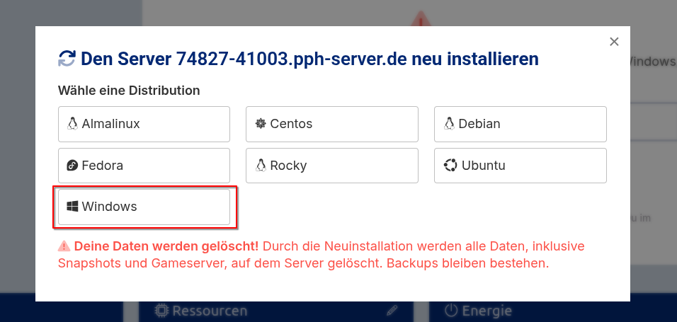 Dialog zur Auswahl des Betriebssystems