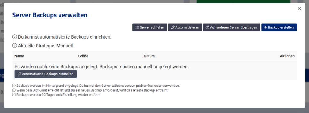 Backup-Konfigurator ohne automatische Backups
