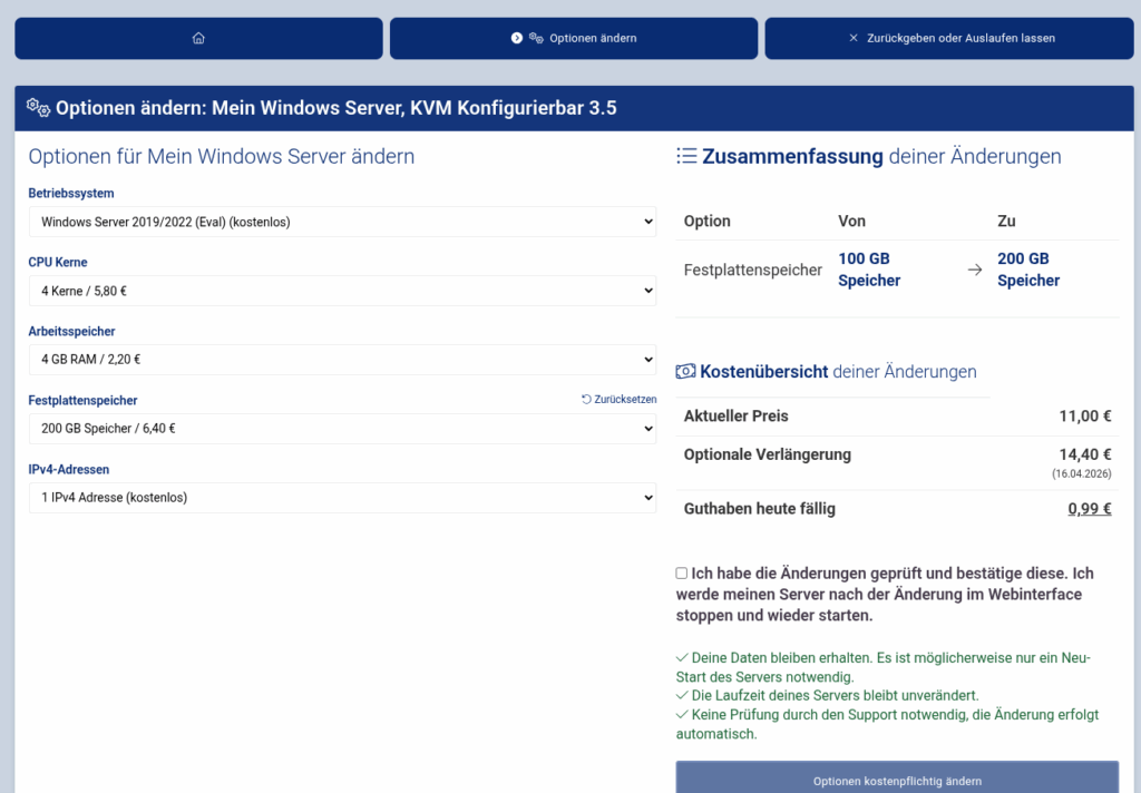 KVM Root Server Optionen ändern-Formular mit Festplatten-Speicher Änderung KVM Root Server Optionen ändern-Formular mit Festplatten-Speicher Änderung