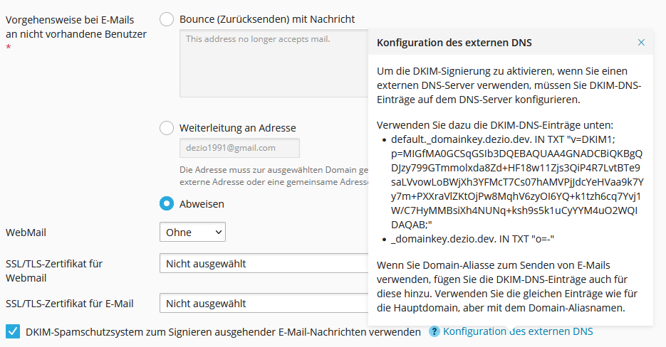 DKIM Schlüssel DKIM Schlüssel