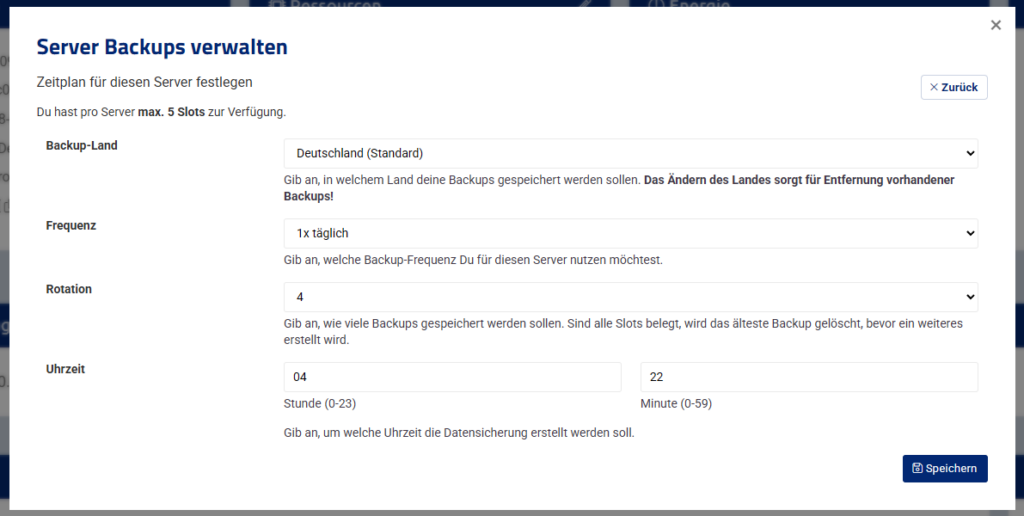 Neue automatische Backups anlegen (ältere Ansicht, heute wählst Du ein Zeitfenster und maximal 3 Slots).