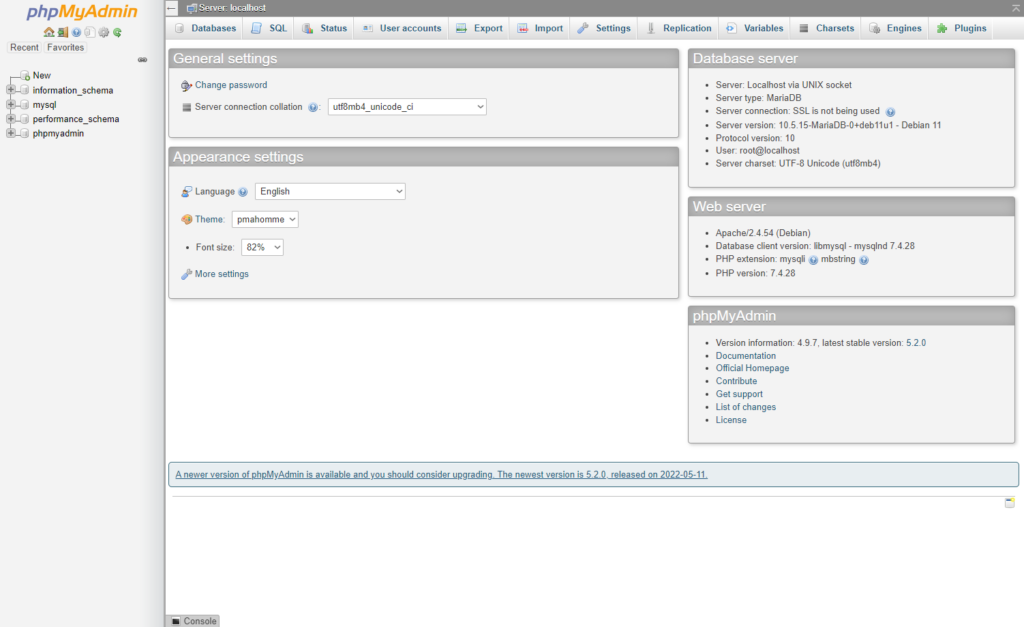 phpMyAdmin Weboberfläche phpMyAdmin Weboberfläche