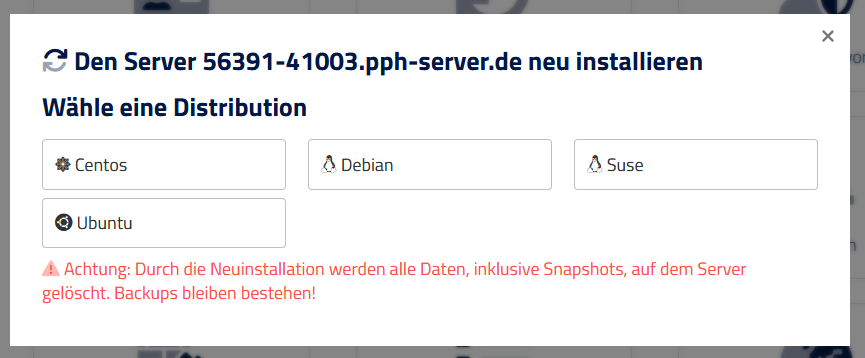 New installation – resetting the server dialog New installation – resetting the server dialog