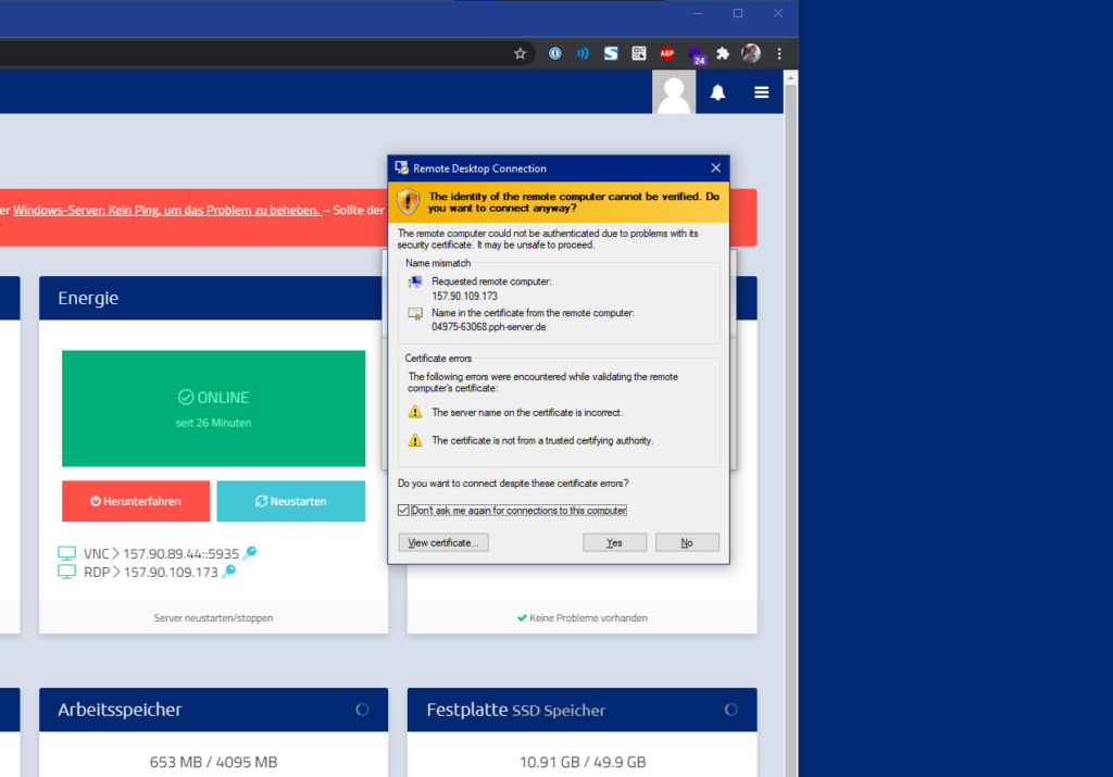 Zertifikatswarnung beim ersten Remote-Desktop-Login
