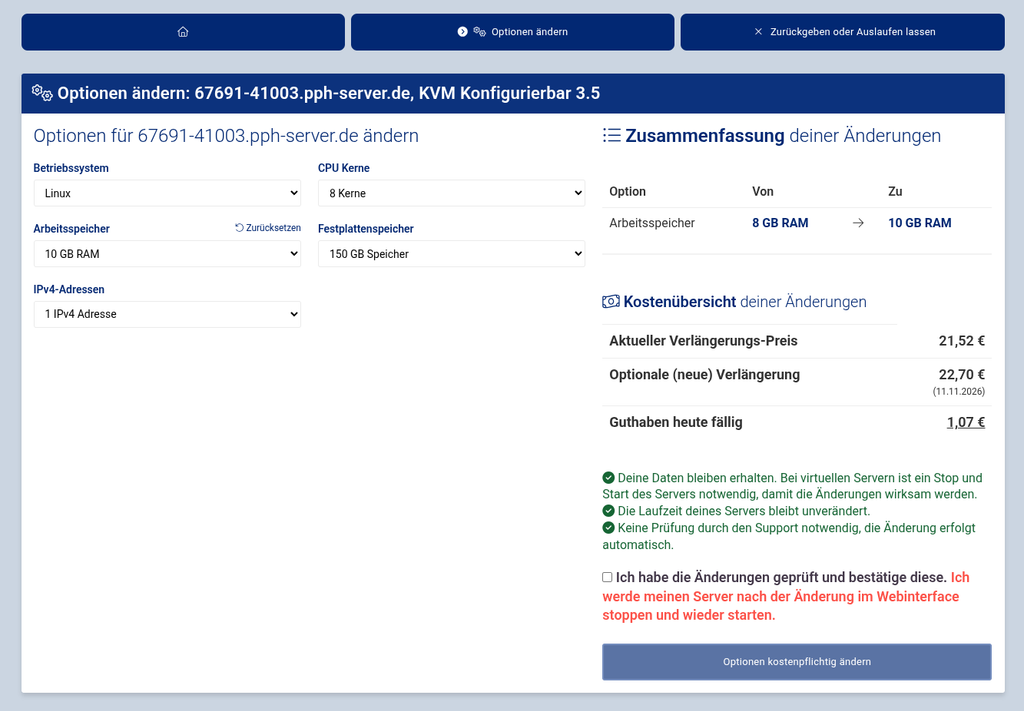 Upgrade/Downgrade von Optionen bei virtuellen Servern